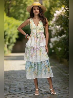 DALIA MACPHEE Pastel Floral Tiered Chiffon Midi Dress Large NWT Boho Cottage